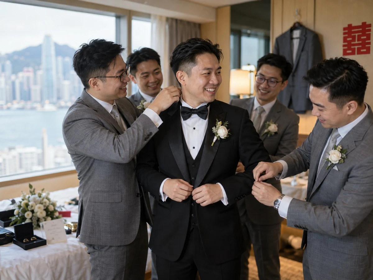 兄弟穿灰色西裝幫穿黑色禮服的新郎整理領口與袖口,大家自然歡笑;婚禮情景示意